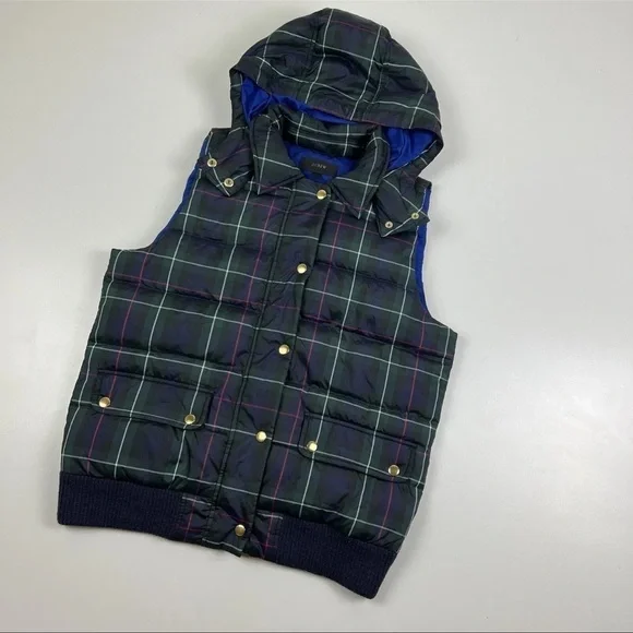J Crew tartan puffer vest with detachable Hood - Picture 4 of 8